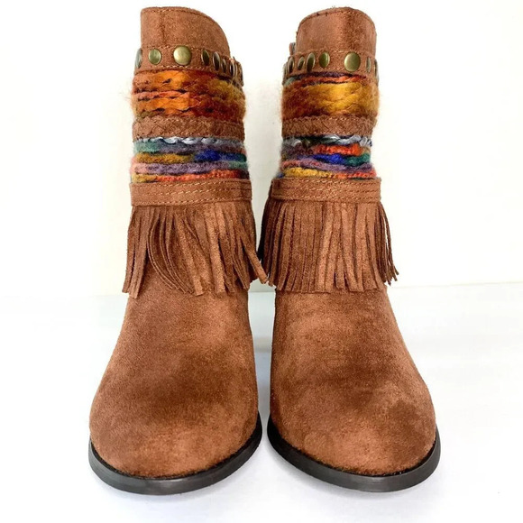 Mo Mo Size 9M Fringe Booties Western Boho Chic Stacked Heel Studded Multi-color - Picture 3 of 7